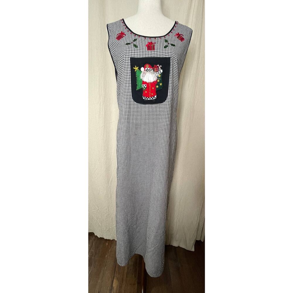 Vintage 90s Christmas Gingham Santa Modest Maxi Jumper Apron Overall Dress M
